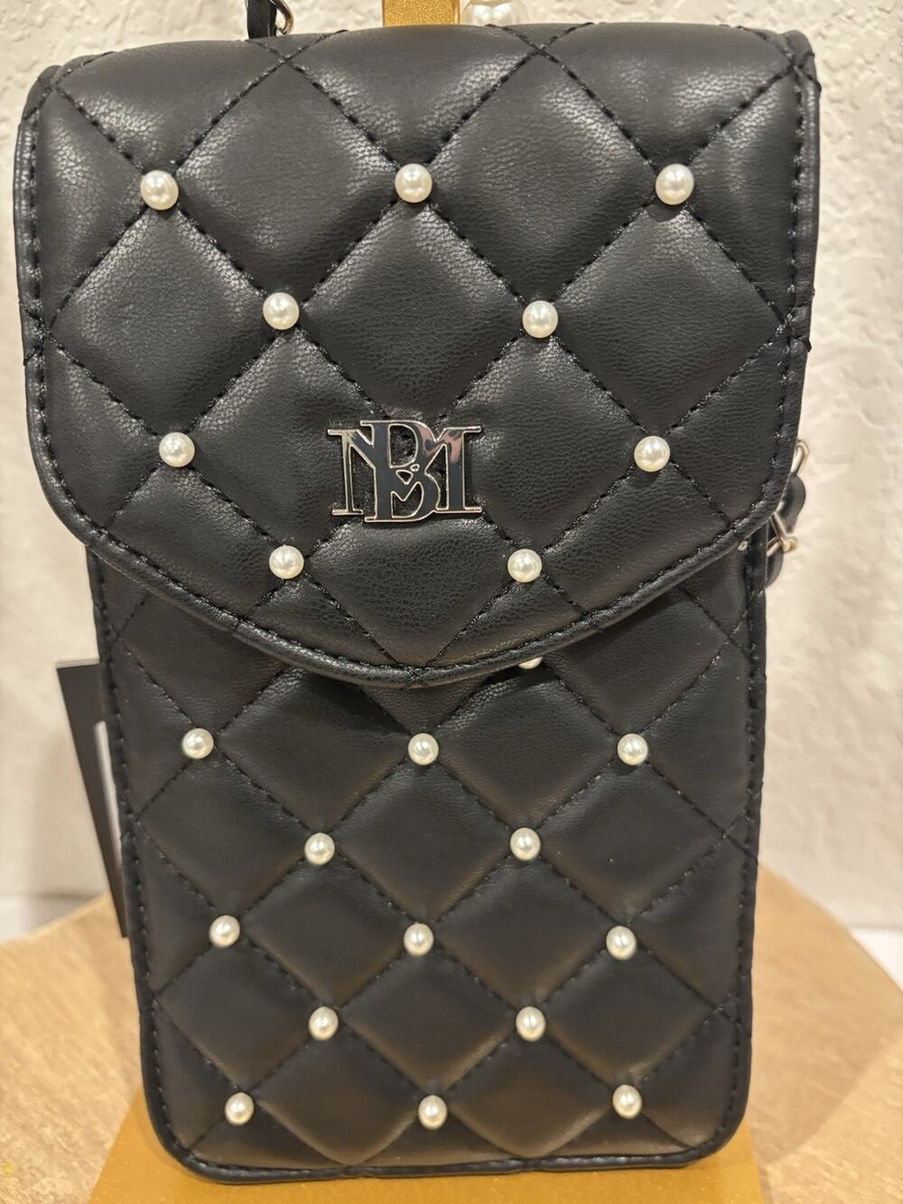 Badgley Mischka Black Quilted Pearl Studded Crossbody Phone Bag Snap Closure